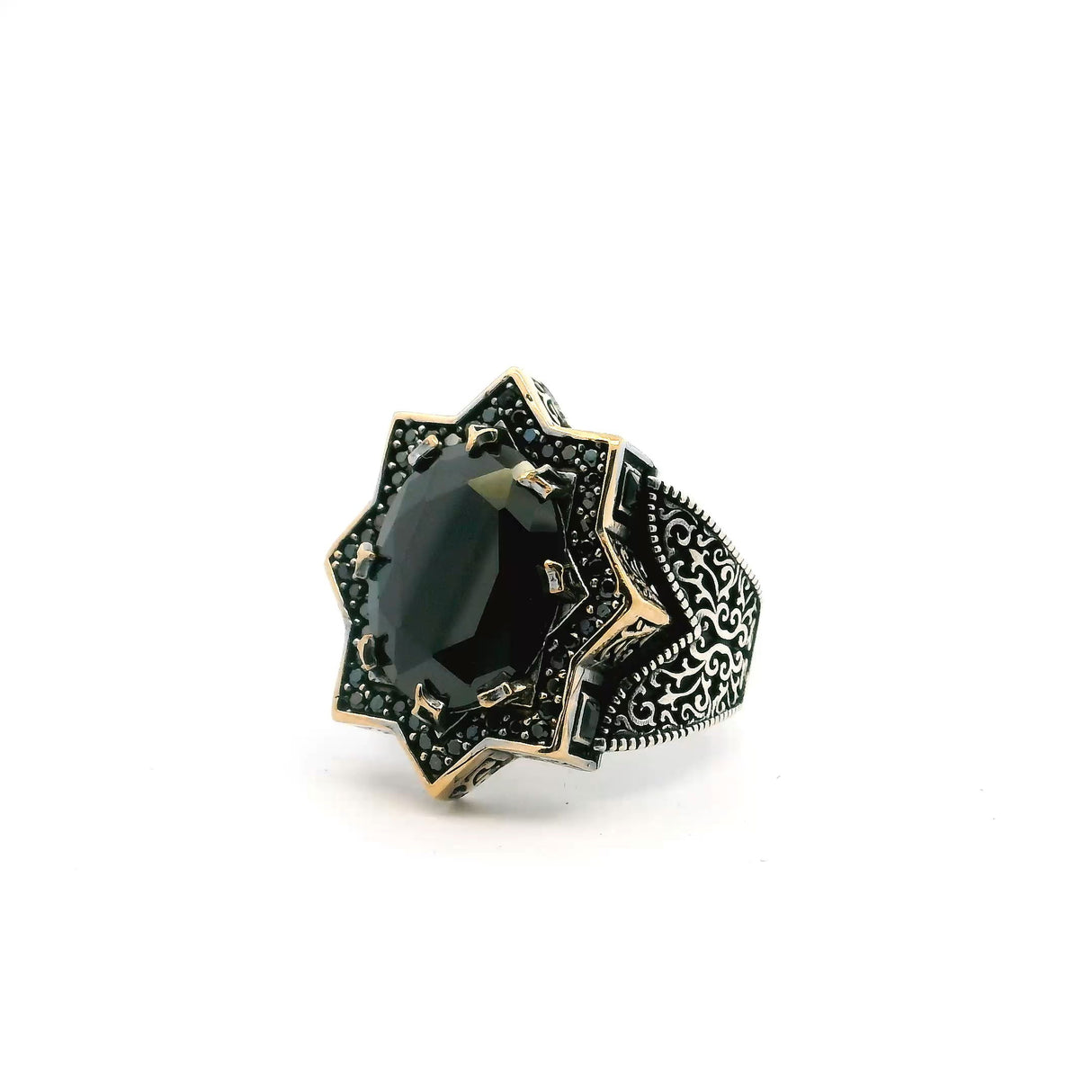 View of Black Onyx Ring - Faceted Oval Prong Set in Star Design with Single Row Pave Black Nanostones & Side Swirl & Bead Details in Gold Vermeil with 925 Sterling Silver sz11.5
