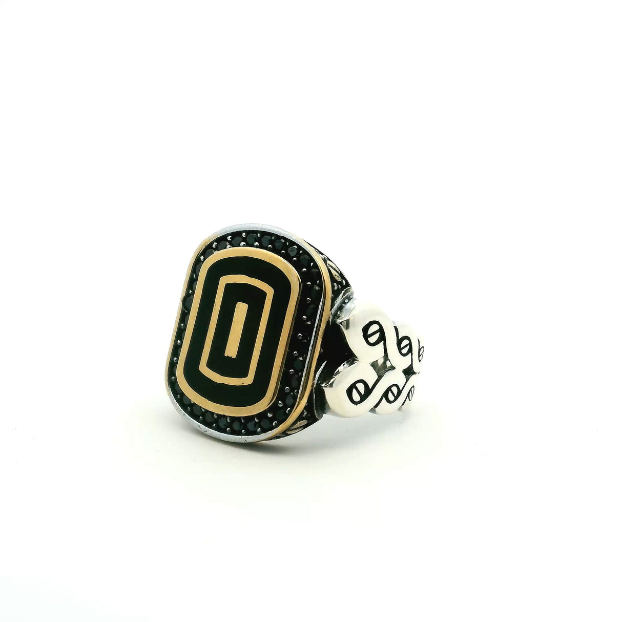 View of Black Onyx Ring - Rounded Rectangle Flat with Single Row Pave Black Nanostones Bezel Set with Gold Vermeil Accents & Braided Band in 925 Sterling Silver sz10