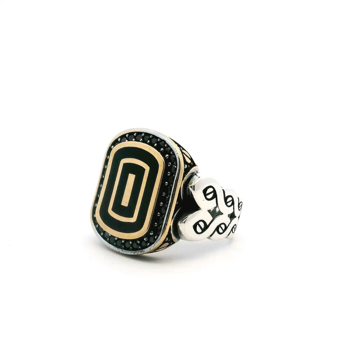 View of Black Onyx Ring - Rounded Rectangle Flat with Single Row Pave Black Nanostones Bezel Set with Gold Vermeil Accents & Braided Band in 925 Sterling Silver sz9.75