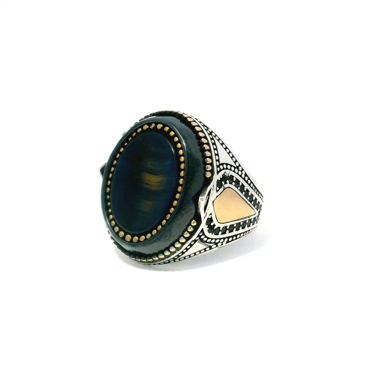 View of Blue Tigers Eye Ring - Oval Flat Bezel Set with Gold Vermeil Bead Details & Larger Black Oval & Black Pave Nanostones on Band in 925 Sterling Silver sz10.5