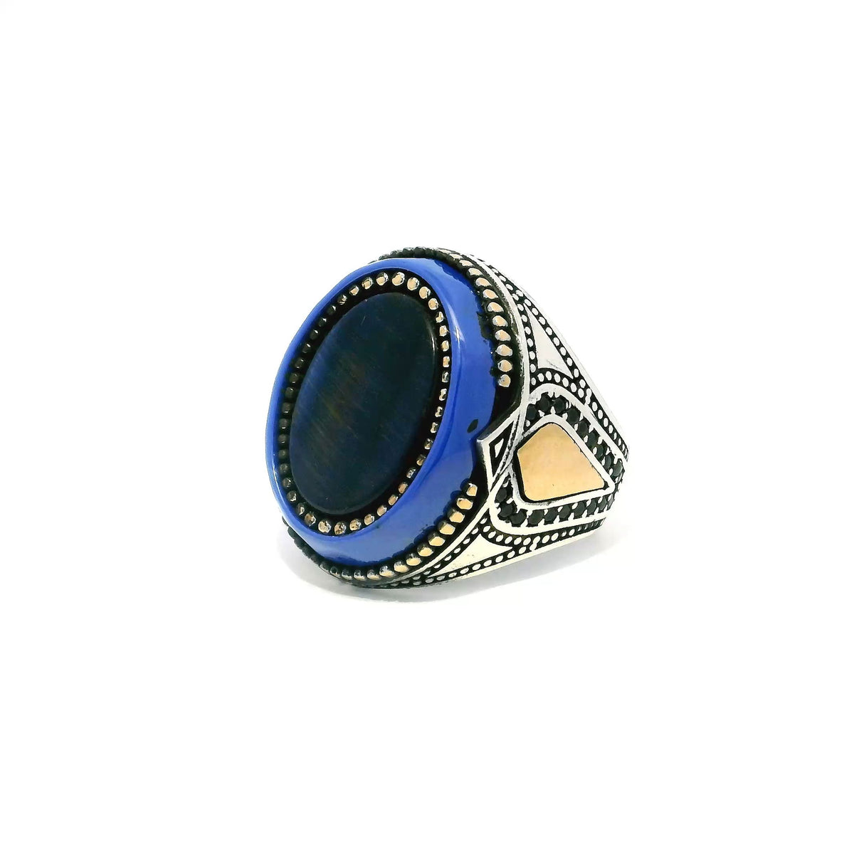 View of Blue Tigers Eye Ring - Oval Flat Bezel Set with Gold Vermeil Bead Details & Larger Blue Oval & Black Pave Nanostones on Band in 925 Sterling Silver sz8.25