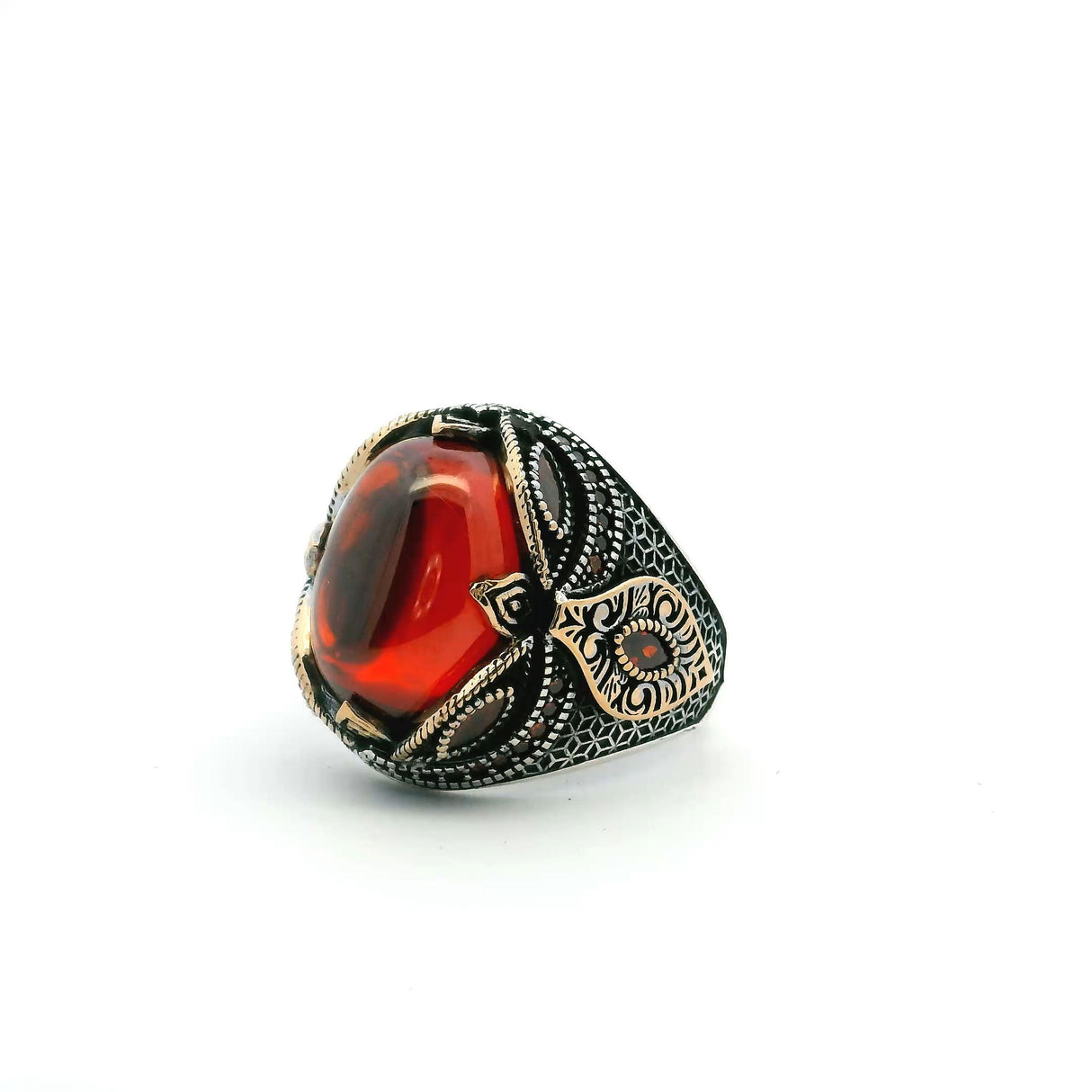 View of Red Nano Stones Ring - Oval Glass Cabochon Prong Set in Gold Vermeil with Red Nanostones & Faceted Red Ovals in 925 Sterling Silver sz11.5