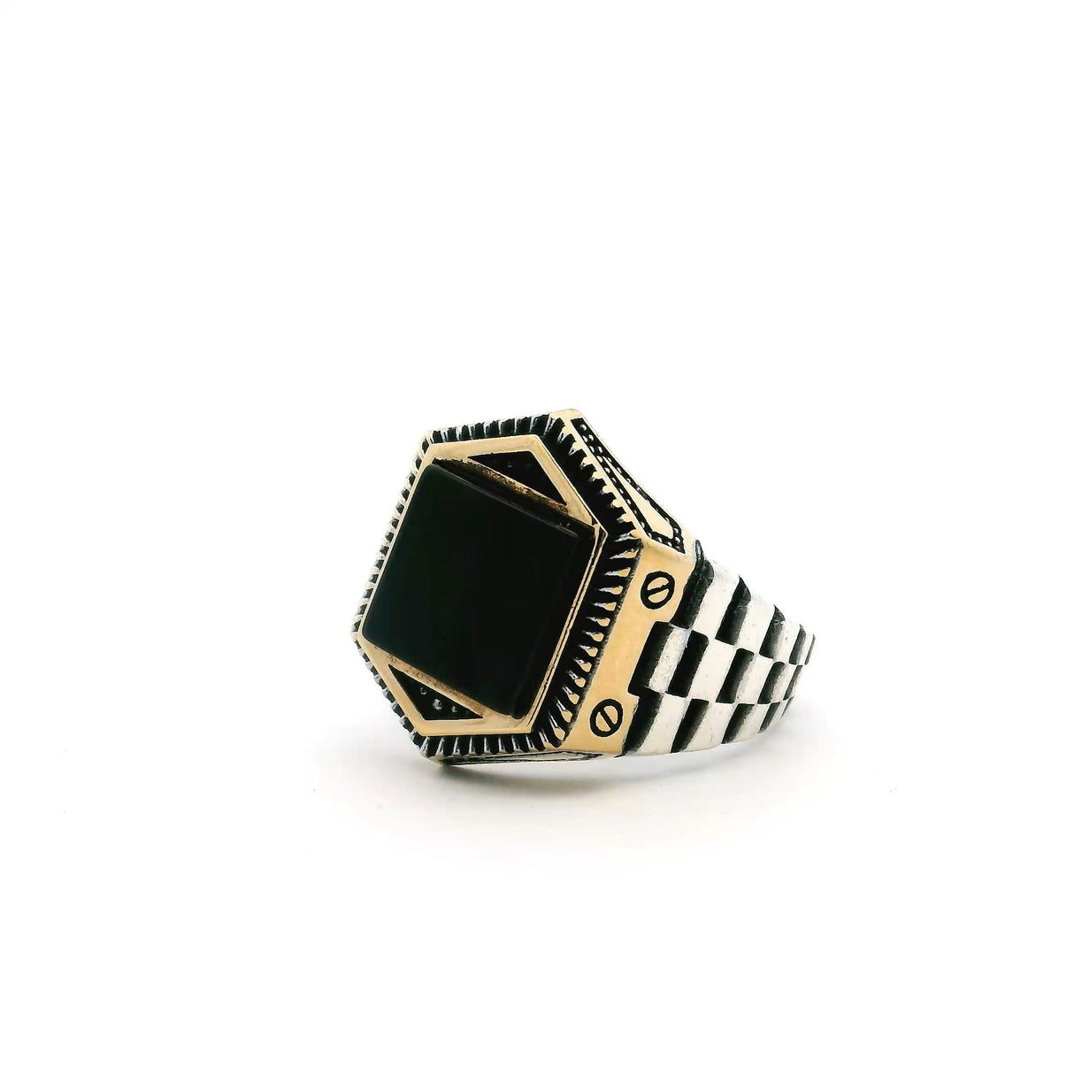 View of Black Onyx Ring - Square Flat Bezel Set in Gold Vermeil Hexagonal Setting with 925 Sterling Silver Watch-Like Band sz12.5