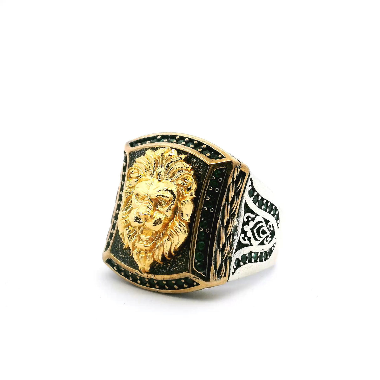 View of Emerald Lion Ring - Gold Vermeil Lion Head & Single Row Pave Emerald Nanostones & Braided Details in 925 Sterling Silver sz11