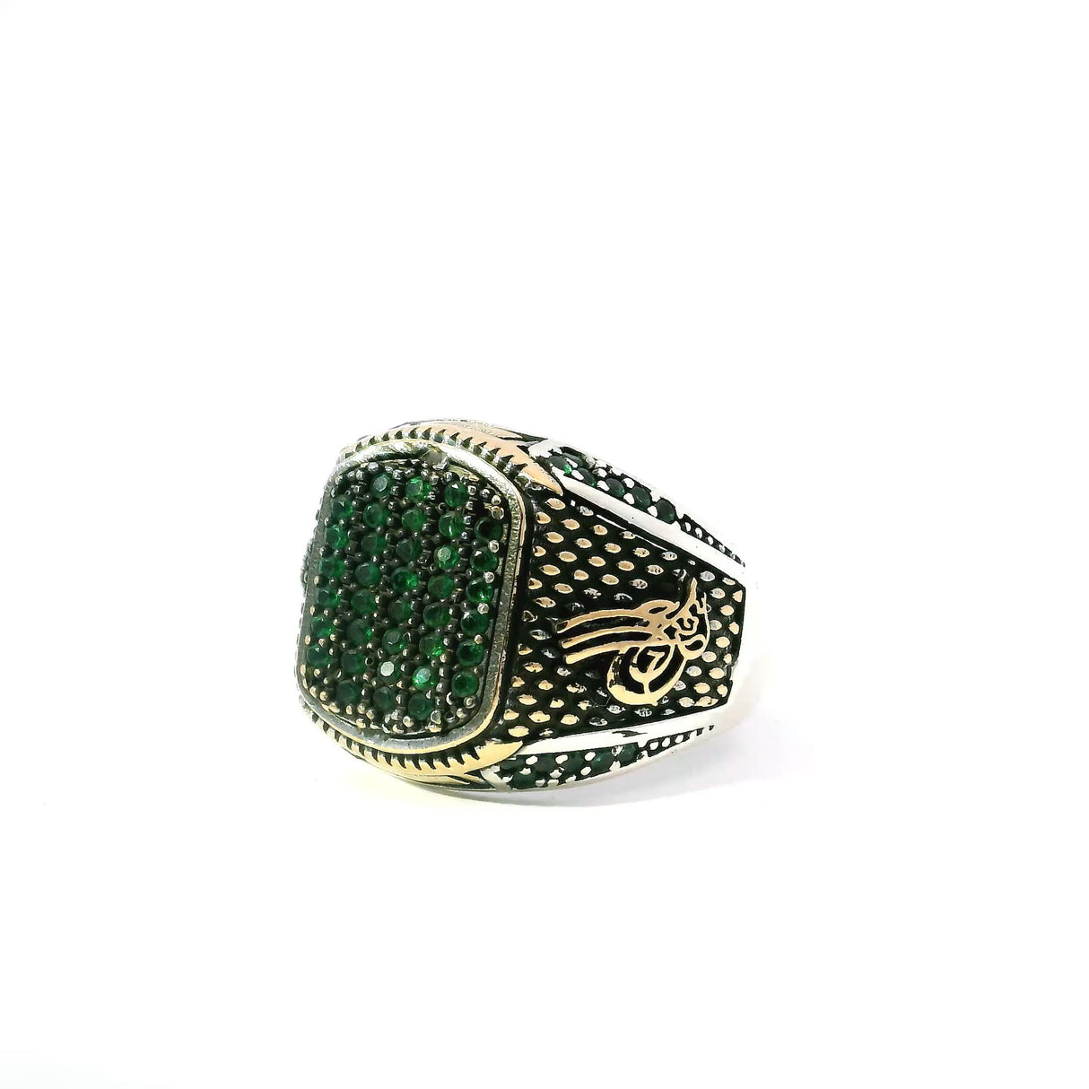 View of Emerald Nanostone Ring - Multiple Emerald Nanostones in Rounded Rectangle Shape with Side Emerald Nanostone Details in Gold Vermeil with 925 Sterling Silver sz10.25