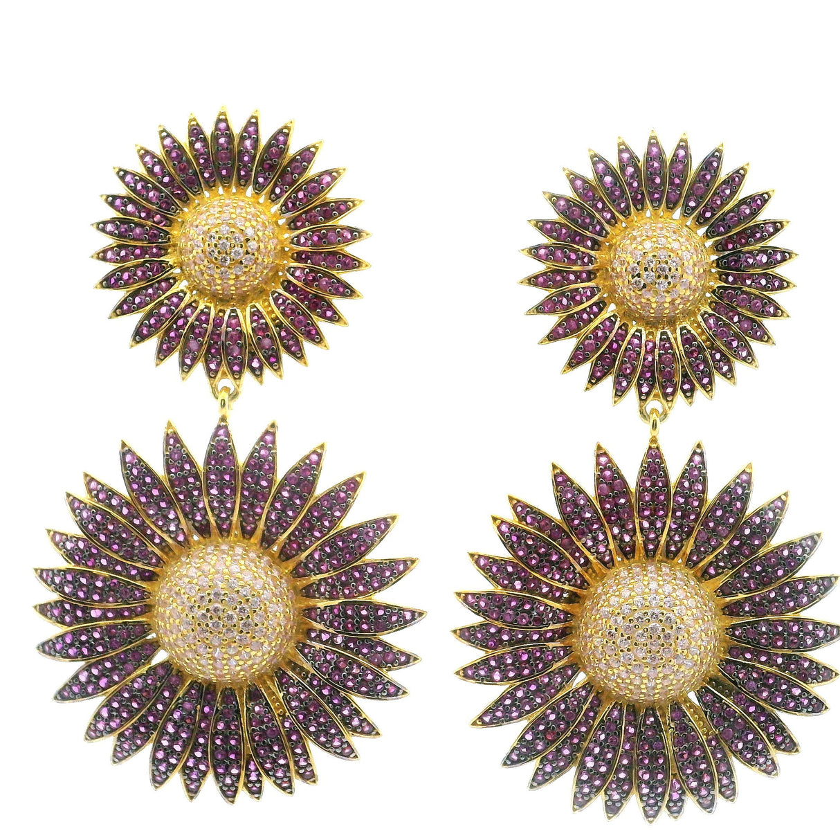 View of Sunflower Nanostone Dangle Earrings - Double Sunflowers with Pink & White Nanostones in Gold Vermeil over 925 Sterling Silver