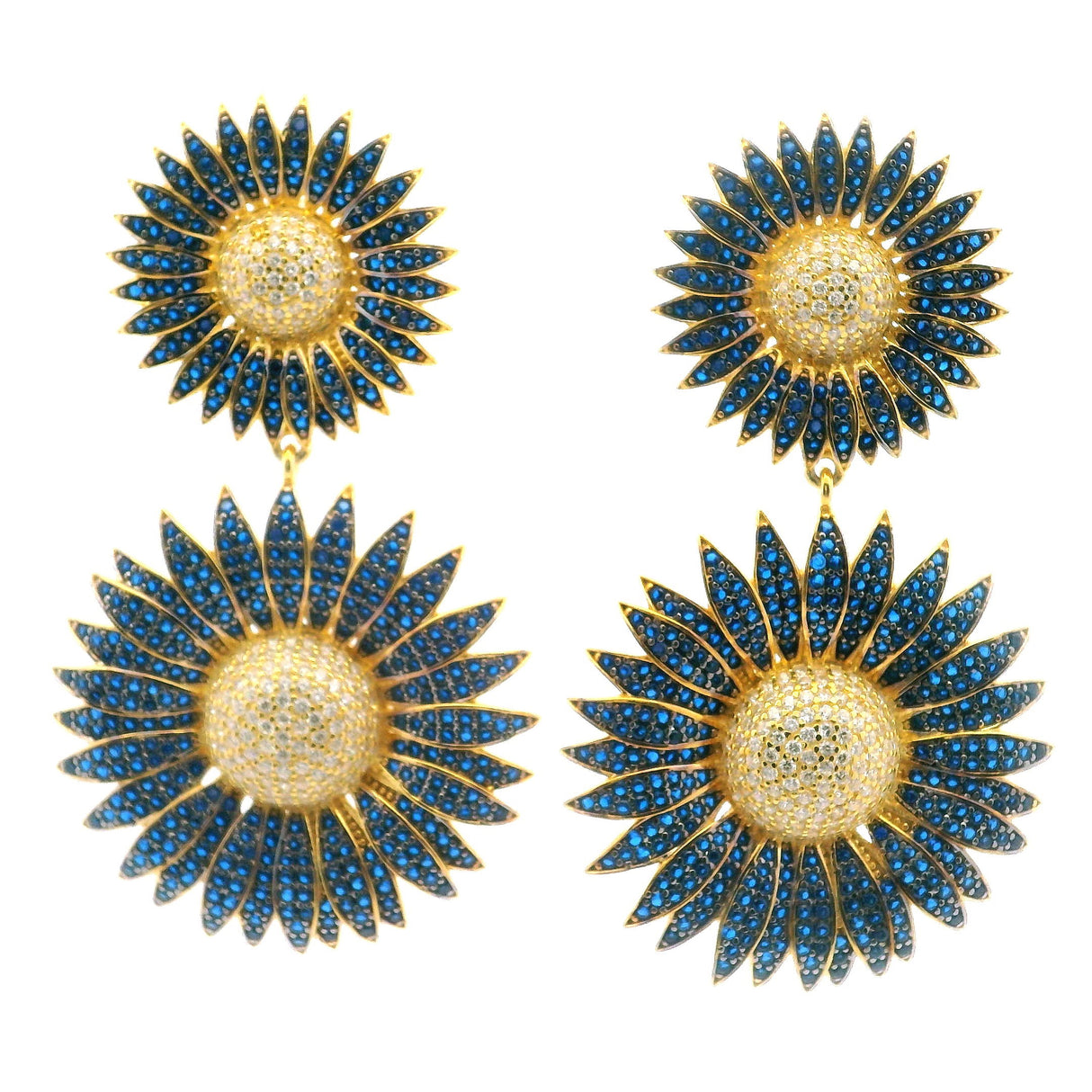 View of Sunflower Nanostone Dangle Earrings - Double Sunflowers with Blue & White Nanostones in Gold Vermeil over 925 Sterling Silver