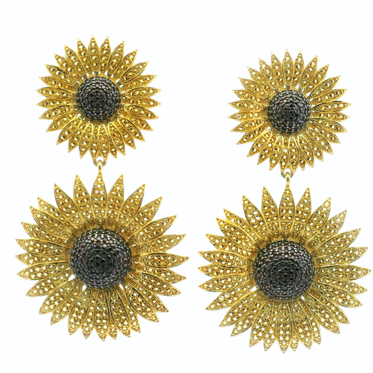 View of Sunflower Nanostone Dangle Earrings - Double Sunflowers with Yellow & Brown Nanostones in Gold Vermeil over 925 Sterling Silver