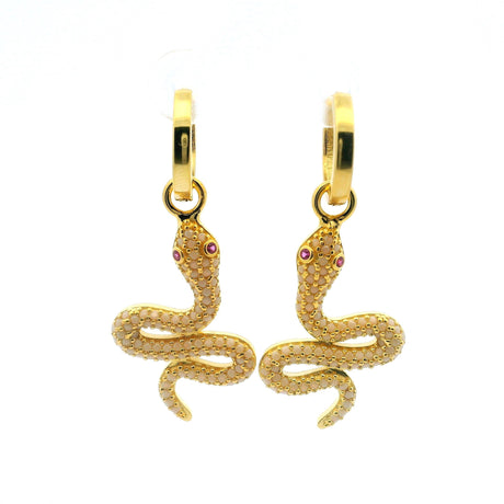 View of Swarovski Crystal Dangle Earrings - White Snake with Pink Eyes in Gold Vermeil over 925 Sterling Silver