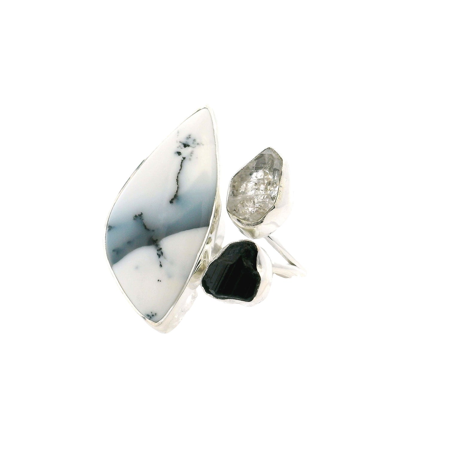 View of Dendritic Opal Ring - Freeform Cabochon with Black Tourmaline & Herkimer Diamond Nuggets Bezel Set in Open Adjustable Band in 925 Sterling Silver szAdj