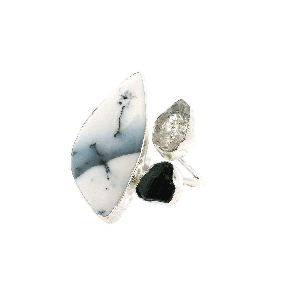 View of Dendritic Opal Ring - Freeform Cabochon with Black Tourmaline & Herkimer Diamond Nuggets Bezel Set in Open Adjustable Band in 925 Sterling Silver szAdj
