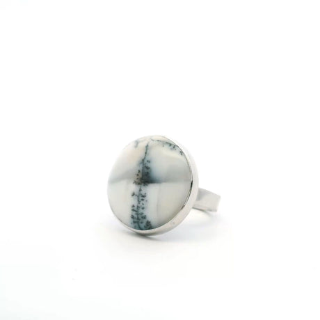 View of Dendritic Opal Ring - Round Cabochon with Single Tree Splitting in Half Bezel Set in Simple 925 Sterling Silver szAdj