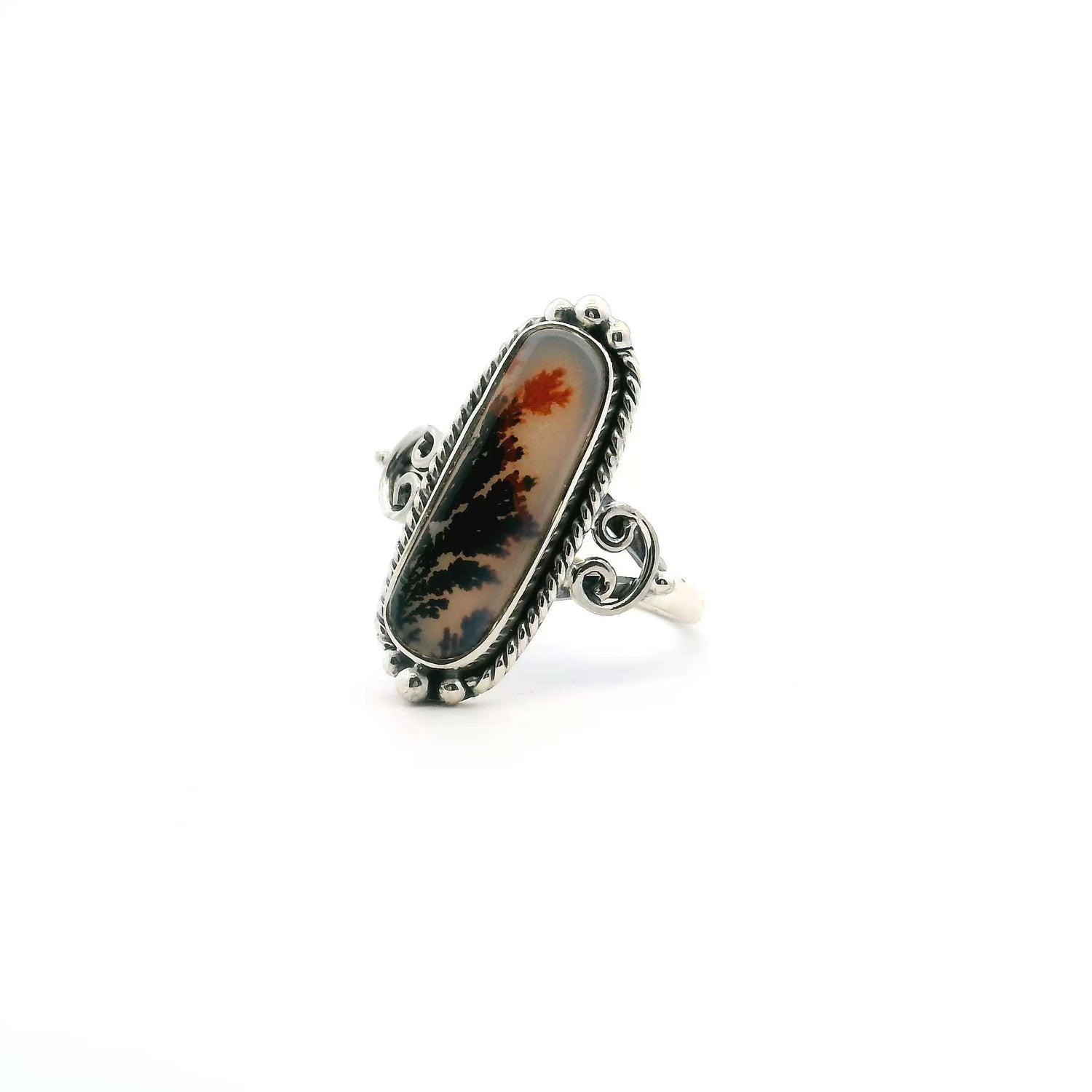 View of Dendritic Agate Ring - Rounded Rectangle Cabochon with Orange & Dark Brown Dendrites & Rope & Beaded Detail Bezel Set in 925 Sterling Silver sz7