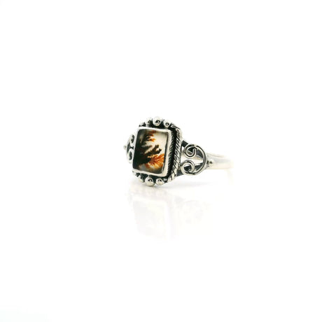 View of Dendritic Agate Ring - Square Cabochon with Orange & Dark Brown Layered Dendrites & Rope & Beaded Detail Bezel Set in 925 Sterling Silver sz8