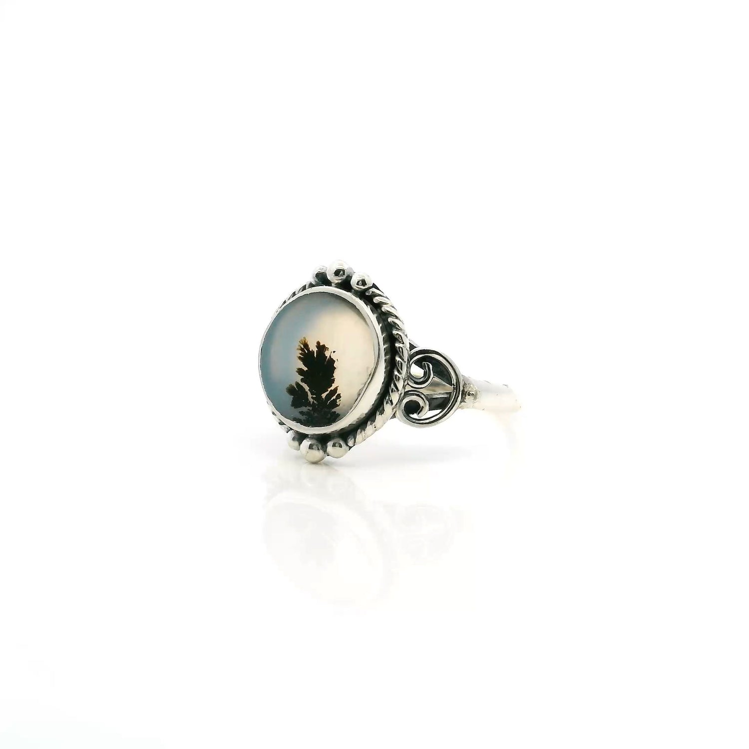 View of Dendritic Agate Ring - Round Cabochon with Single Dark Brown Thick Dendrite & Rope & Beaded Detail Bezel Set in 925 Sterling Silver sz7