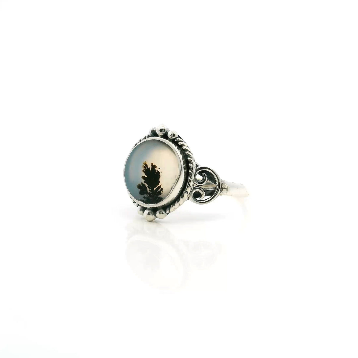 View of Dendritic Agate Ring - Round Cabochon with Single Dark Brown Thick Dendrite & Rope & Beaded Detail Bezel Set in 925 Sterling Silver sz7