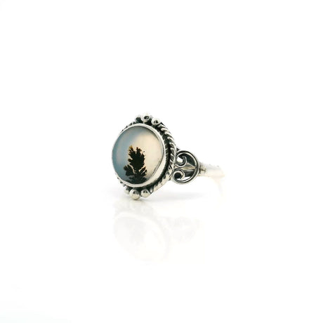 View of Dendritic Agate Ring - Round Cabochon with Single Dark Brown Thick Dendrite & Rope & Beaded Detail Bezel Set in 925 Sterling Silver sz7