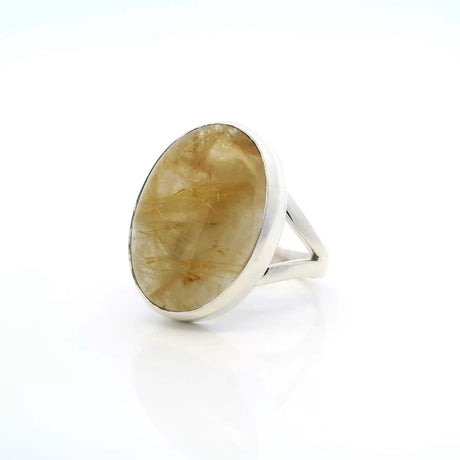 View of Golden Rutilated Quartz Ring - Large Oval Cabochon with Thin Hairlike Rutile Bezel Set on Double Band in 925 Sterling Silver sz13