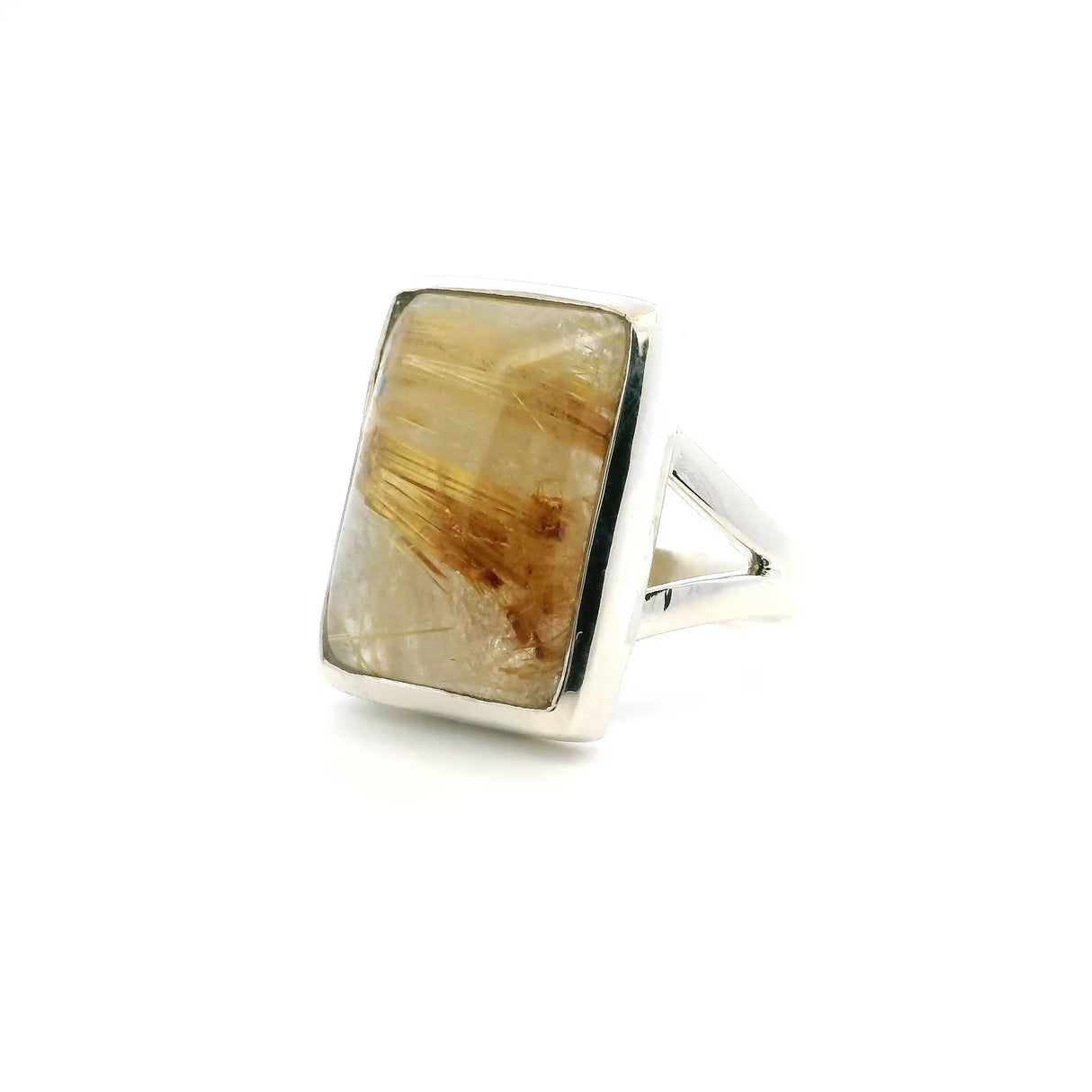 View of Golden Rutilated Quartz Ring - Large Rectangle Cabochon with Thick Horizontal Rutile Bezel Set on Double Band in 925 Sterling Silver sz11
