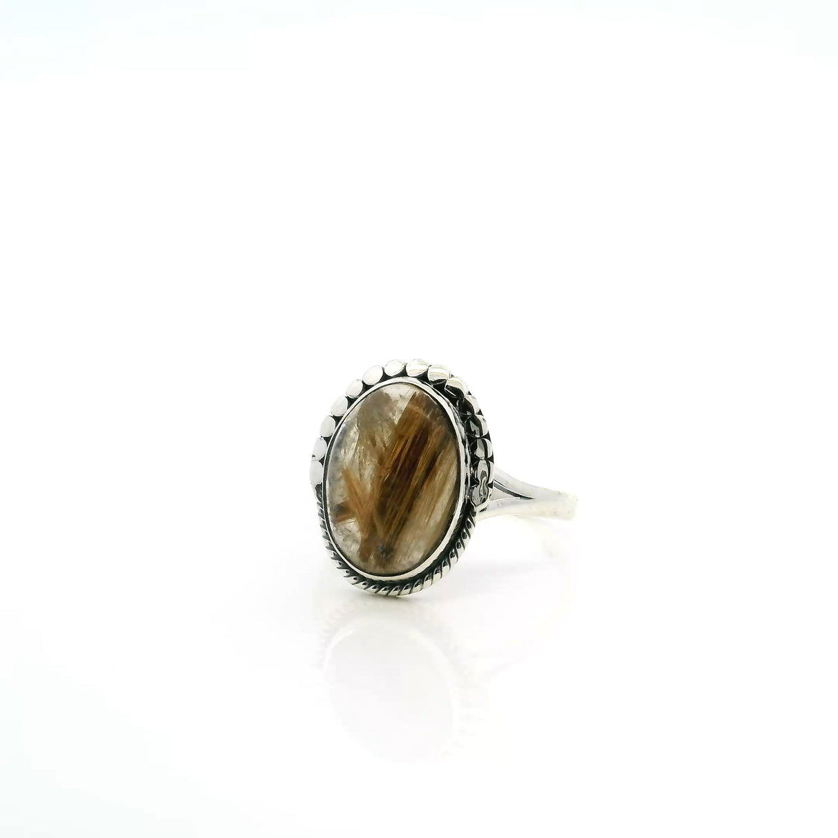 View of Golden Rutilated Quartz Ring - Oval Cabochon with Thick Gold Rutile Bezel Set with Rope & Flattened Bead Detail on Double Band in 925 Sterling Silver sz8