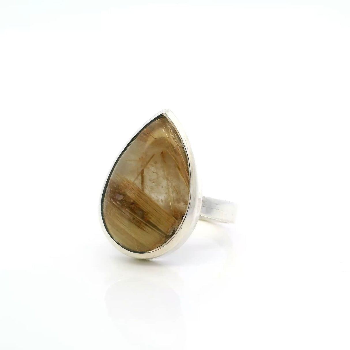 View of Golden Rutilated Quartz Ring - Pear Cabochon with Thick Gold Rutile on Bottom Half Bezel Set in Simple 925 Sterling Silver sz10