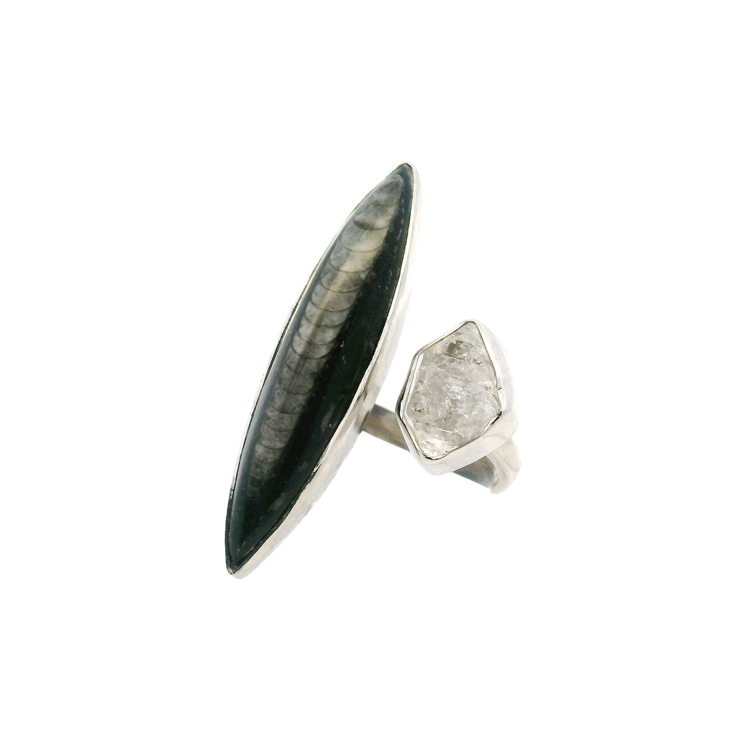 View of Orthoceras Fossil Ring - Thin Sharp Oval with Herkimer Diamond Nugget Bezel Set on Open Adjustable Band in 925 Sterling Silver szAdj