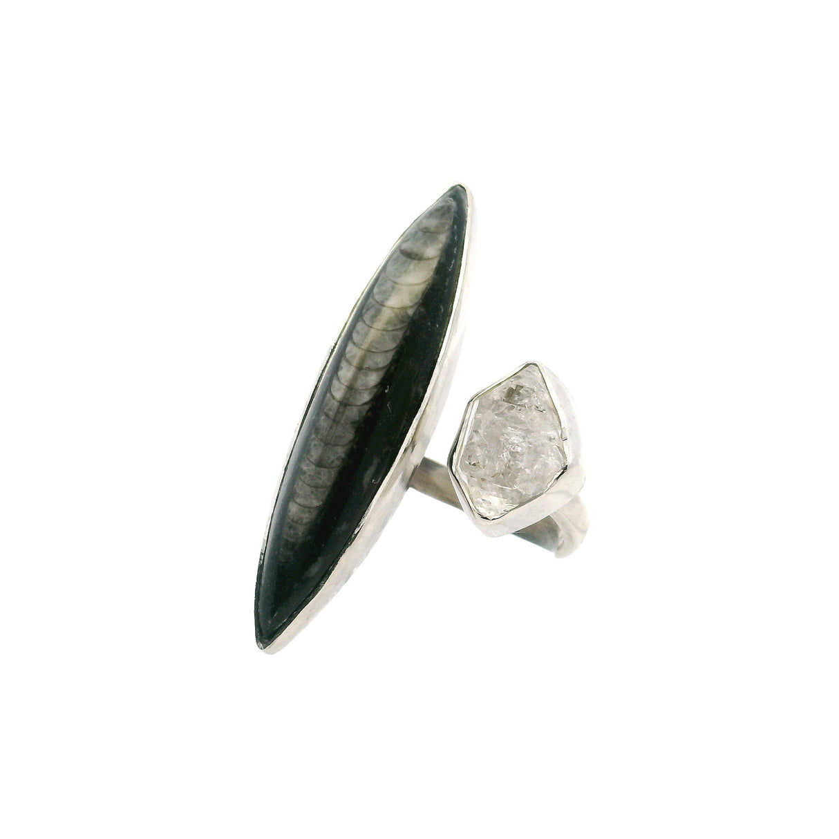 View of Orthoceras Fossil Ring - Thin Sharp Oval with Herkimer Diamond Nugget Bezel Set on Open Adjustable Band in 925 Sterling Silver szAdj