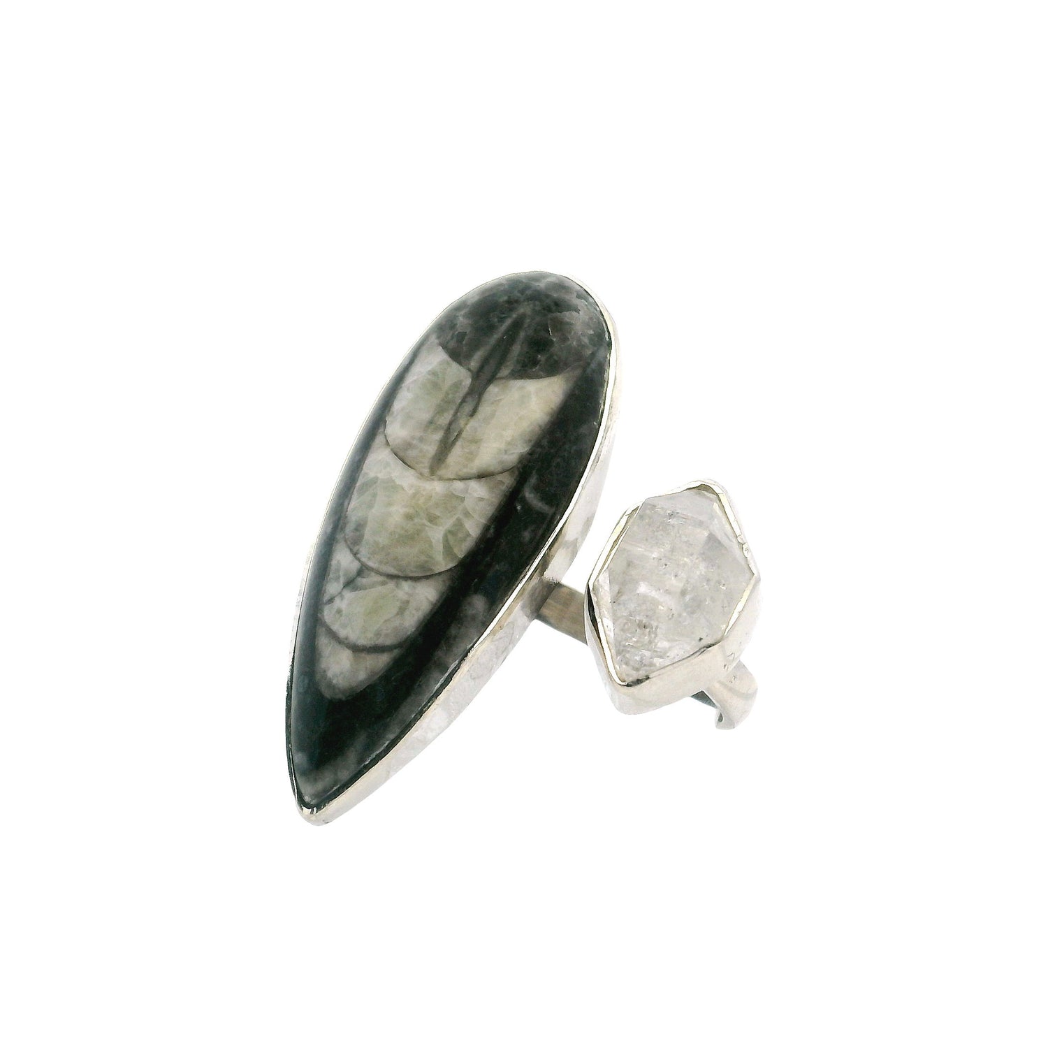 View of Orthoceras Fossil Ring - Pear Cabochon with Herkimer Diamond Nugget Bezel Set on Open Adjustable Band in 925 Sterling Sijlver szAdj