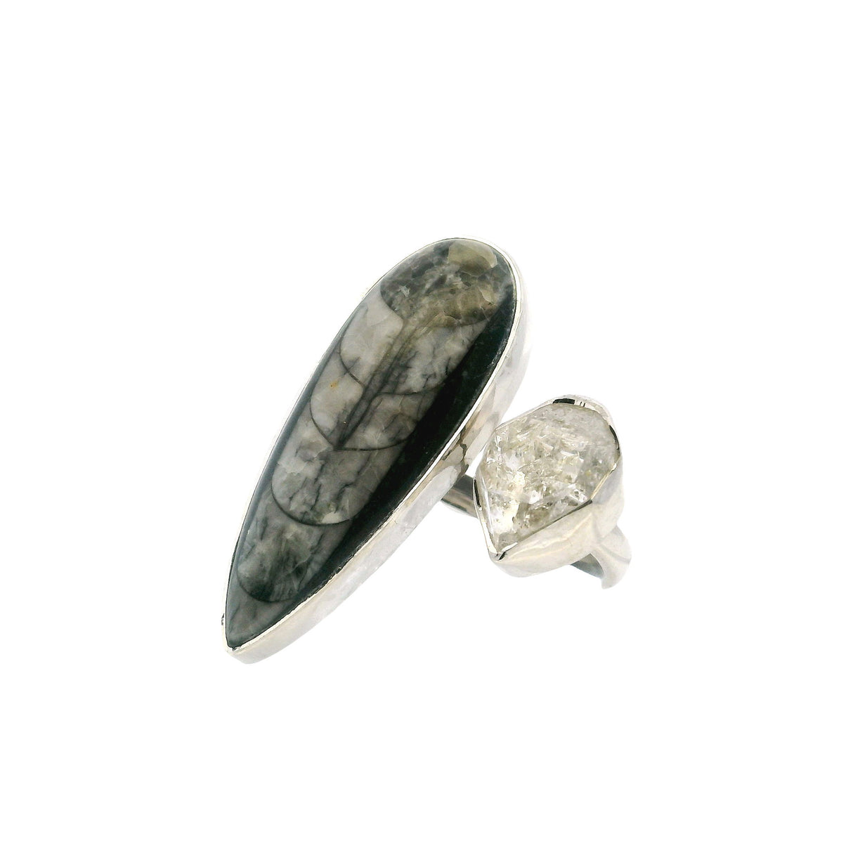 View of Orthoceras Fossil Ring - Pear Cabochon with Herkimer Diamond Nugget Bezel Set on Open Adjustable Band in 925 Sterling Sijlver szAdj