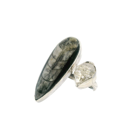 View of Orthoceras Fossil Ring - Pear Cabochon with Herkimer Diamond Nugget Bezel Set on Open Adjustable Band in 925 Sterling Sijlver szAdj