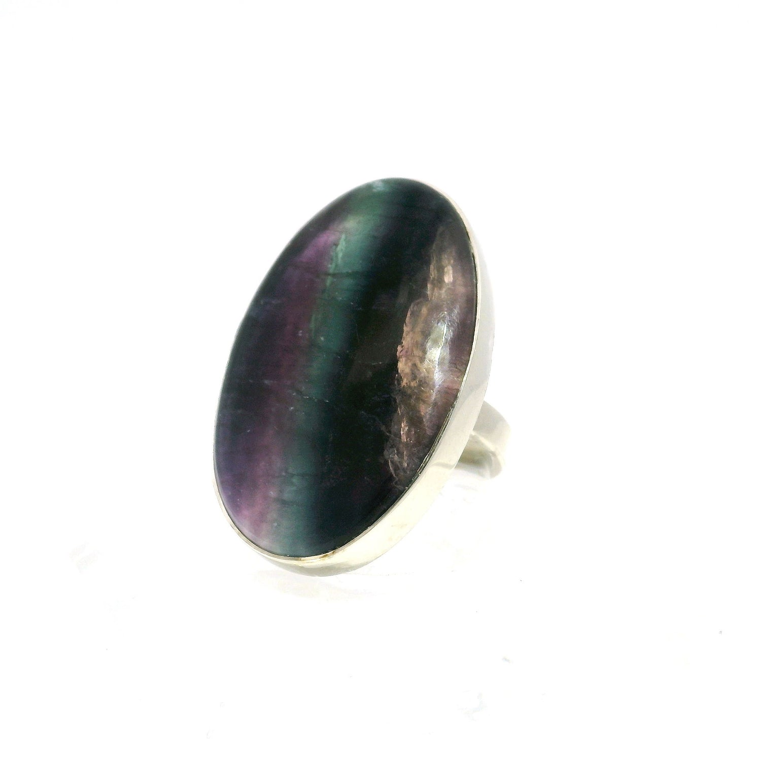 View of Rainbow Fluorite Ring - Large Oval Cabochon with Vertical Purple & Aqua & Clear Banding Bezel Set in Simple 925 Sterling Silver szAdj