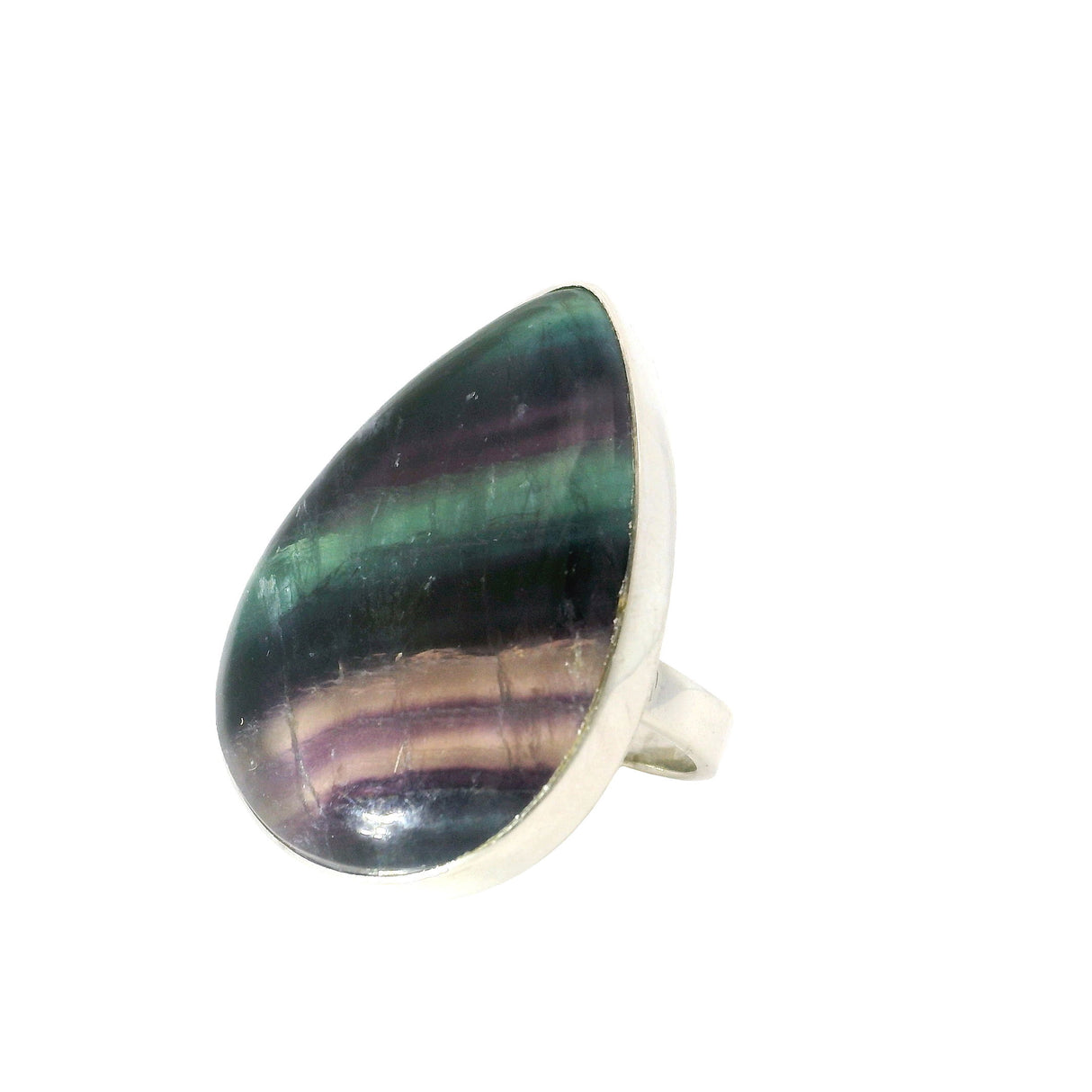 View of Rainbow Fluorite Ring - Large Pear Cabochon with Diagonal Purple & Aqua & Clear Banding Bezel Set in Simple 925 Sterling Silver szAdj