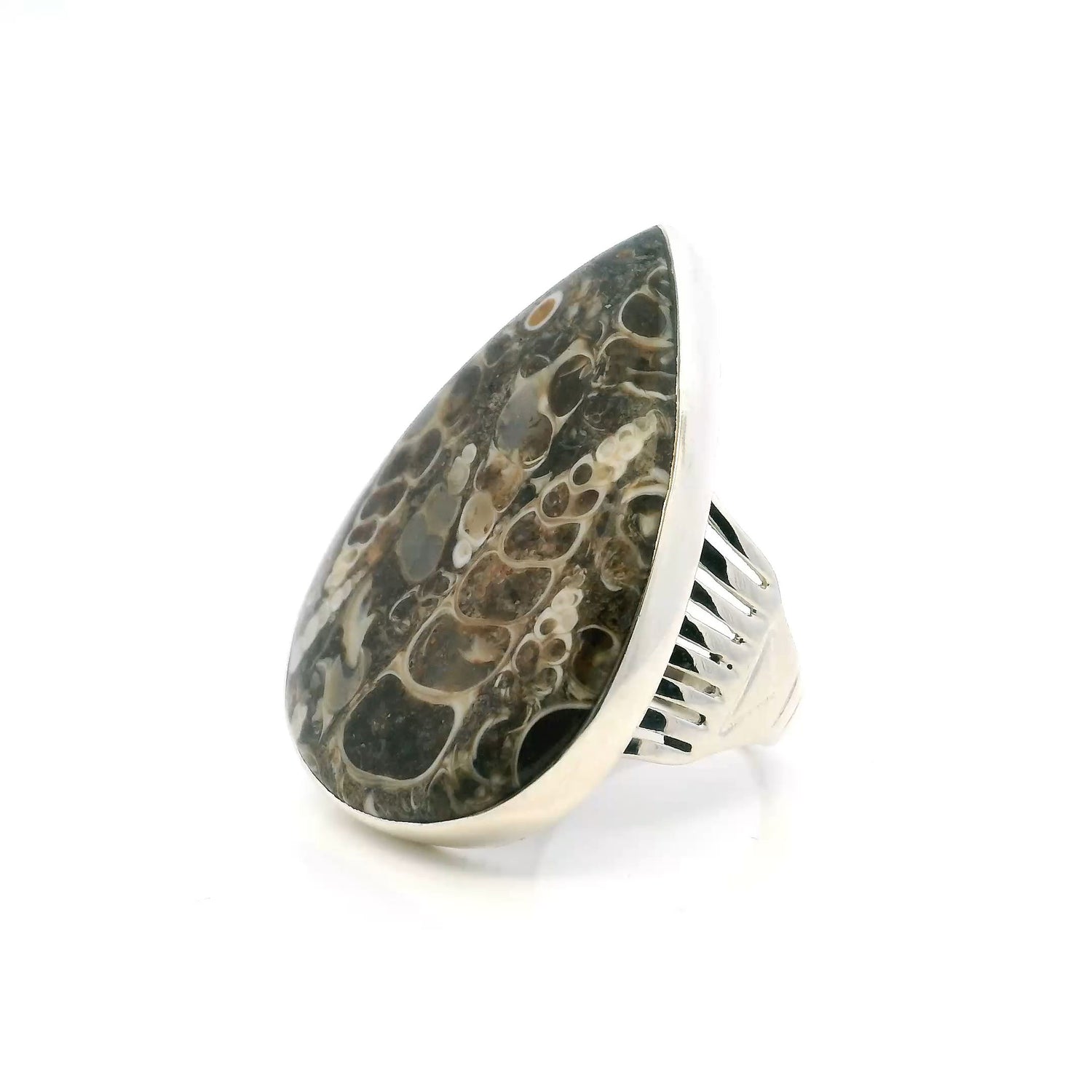 View of Turritella Agate Ring - Large Pear Cabochon with Multiple Shell Fossils Bezel Set on Octagonal Band in 925 Sterling Silver sz11