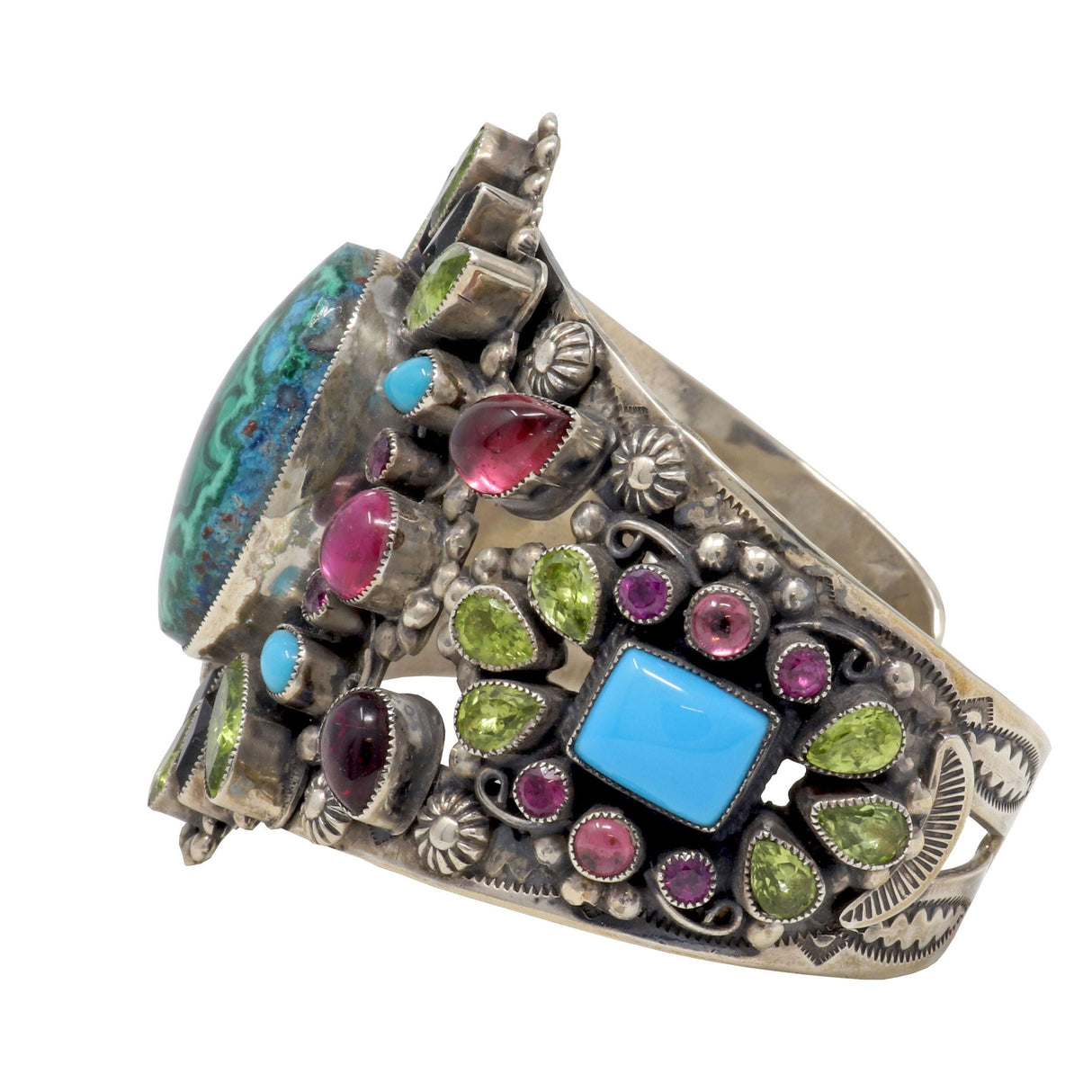 Leo Feeney Malachite & Chrysocolla Cuff Bracelet with Peridot, Pink Tourmaline, Sleeping Beauty Turquoise, Garnet & Black Onyx