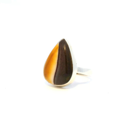 View of Mookaite Ring - Pear Cabochon with Half Yellow & Half Dark Purple in Vertical Split Bezel Set in Simple 925 Sterling Silver sz8