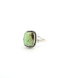 View of Lemon Chrysoprase Ring - Rounded Rectangular Cabochon with Dark Brown Inclusions in Corner Bezel Set with Line Accents on Double Band in 925 Sterling Silver sz5