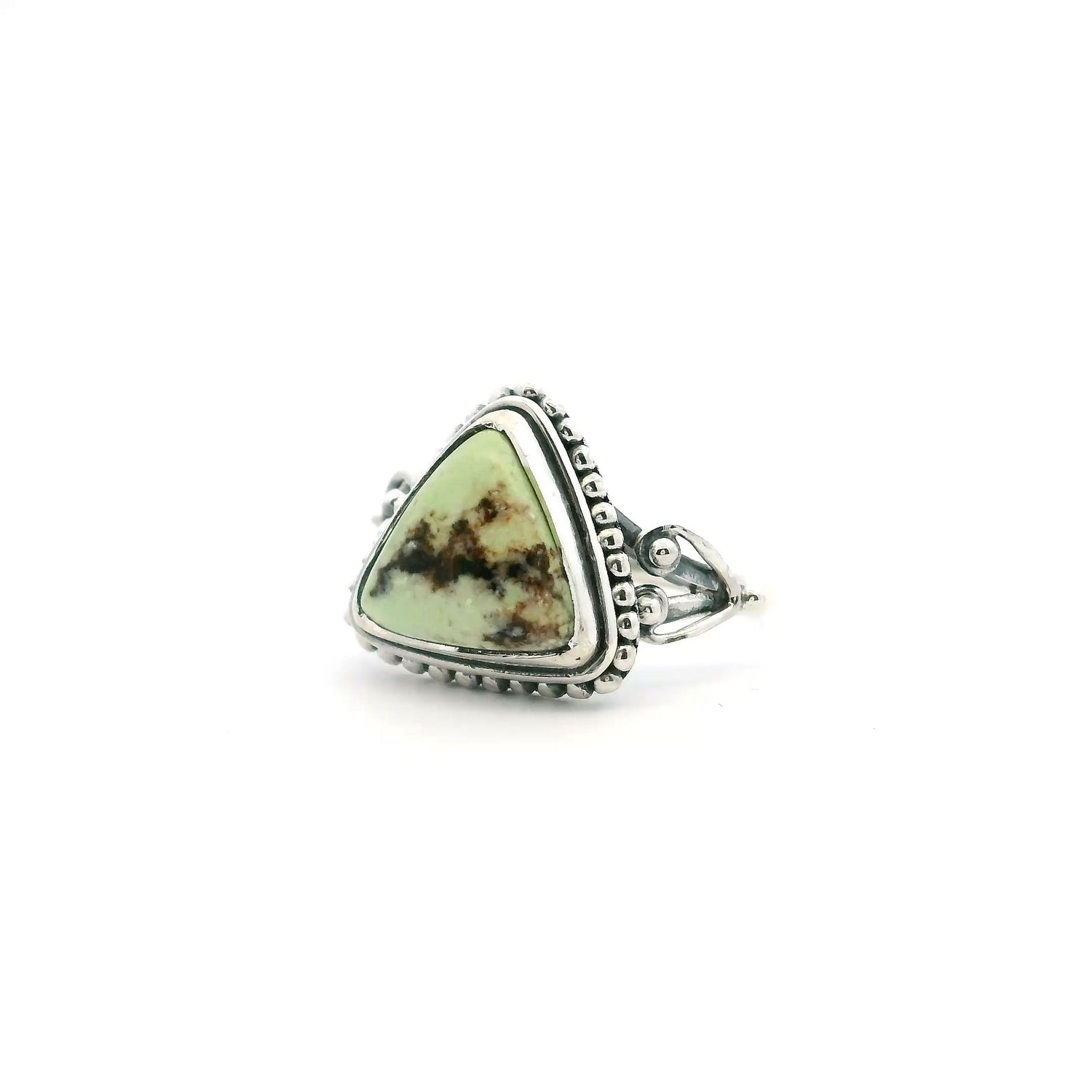 View of Lemon Chrysoprase Ring - Triangle Cabochon with Dark Brown Triangular Inclusions Bezel Set with Beaded Detail on Double Band in 925 Sterling Silver sz7