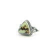 View of Lemon Chrysoprase Ring - Triangle Cabochon with Dark Brown Triangular Inclusions Bezel Set with Beaded Detail on Double Band in 925 Sterling Silver sz7