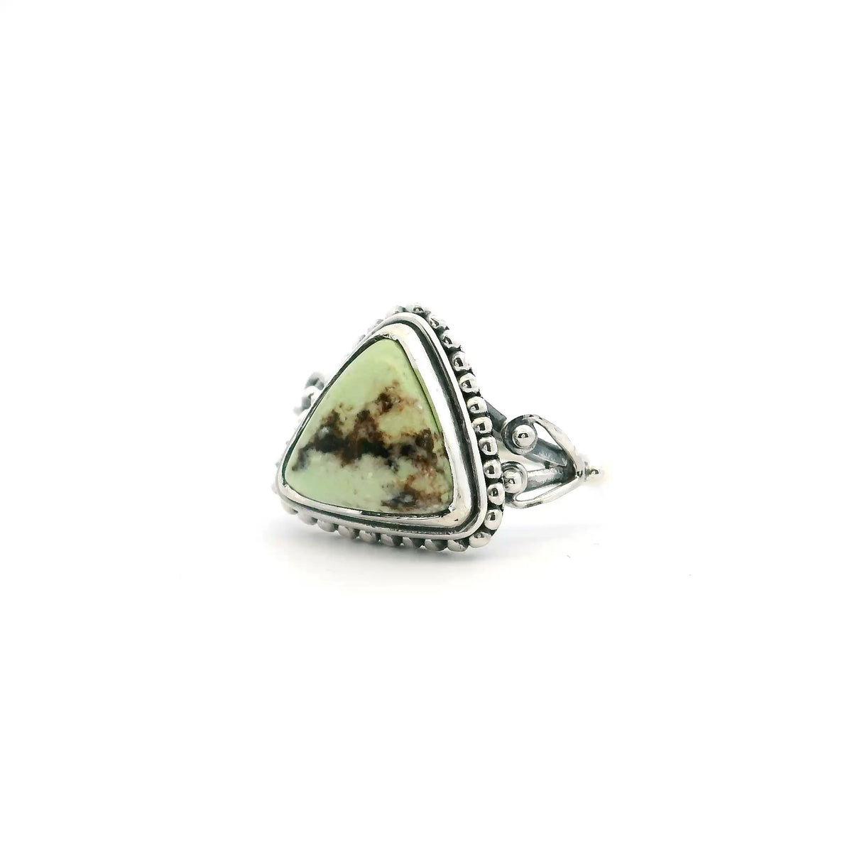 View of Lemon Chrysoprase Ring - Triangle Cabochon with Dark Brown Triangular Inclusions Bezel Set with Beaded Detail on Double Band in 925 Sterling Silver sz7