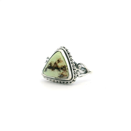 View of Lemon Chrysoprase Ring - Triangle Cabochon with Dark Brown Triangular Inclusions Bezel Set with Beaded Detail on Double Band in 925 Sterling Silver sz7