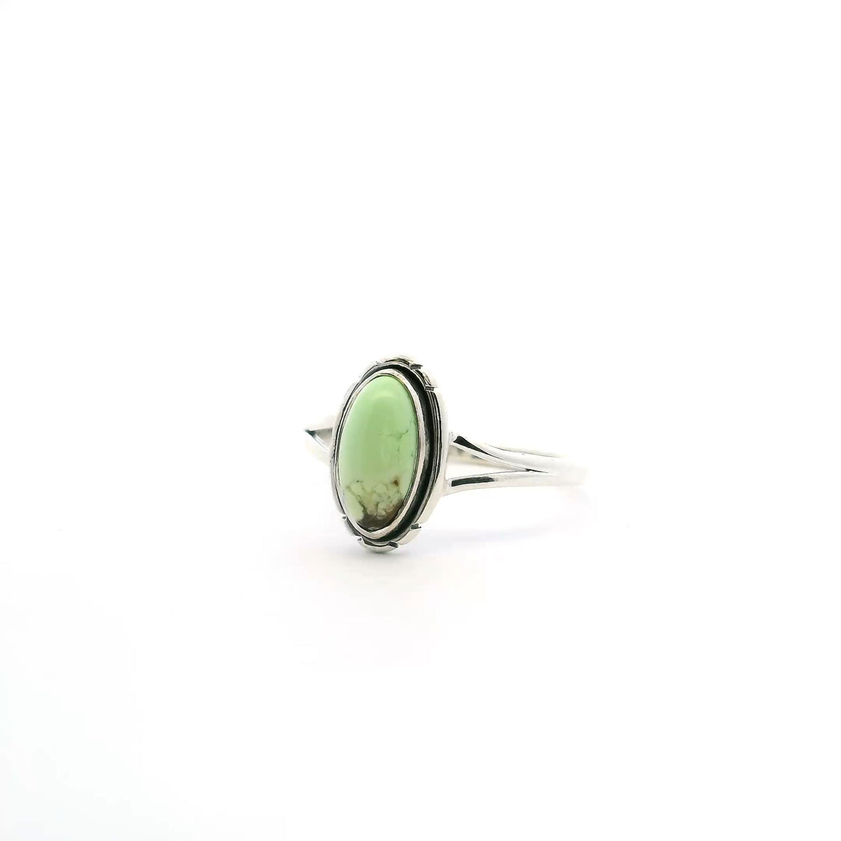 View of Lemon Chrysoprase Ring - Oval Cabochon with Singular Dark Brown Inclusion Bezel Set with Line Detail on Double Band in 925 Sterling Silver sz8
