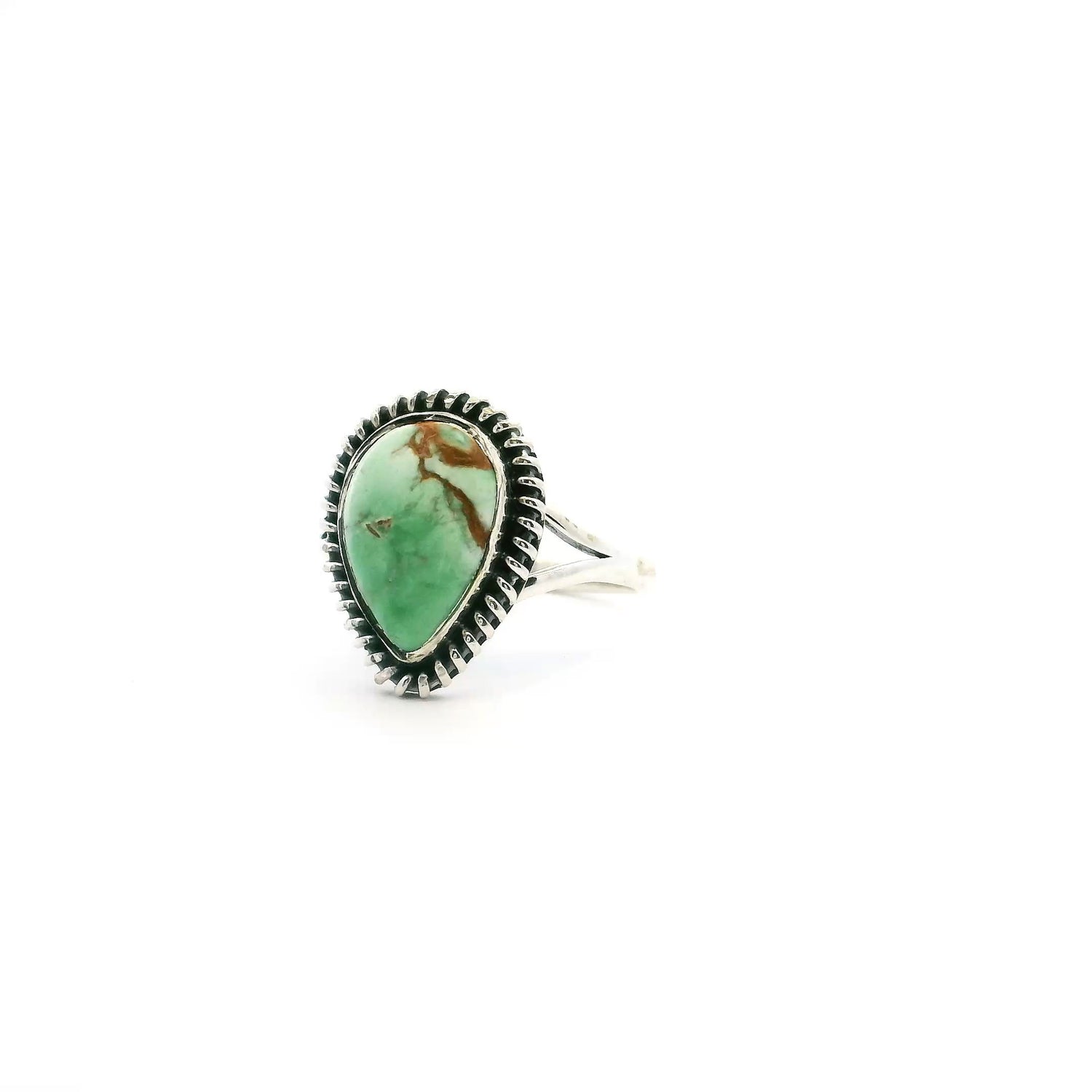 View of Lemon Chrysoprase Ring - Pear Cabochon with Caramel Inclusions at Bottom & Darker Green at Top Bezel Set with Rope Detail in 925 Sterling Silver sz6