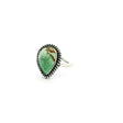 View of Lemon Chrysoprase Ring - Pear Cabochon with Caramel Inclusions at Bottom & Darker Green at Top Bezel Set with Rope Detail in 925 Sterling Silver sz6