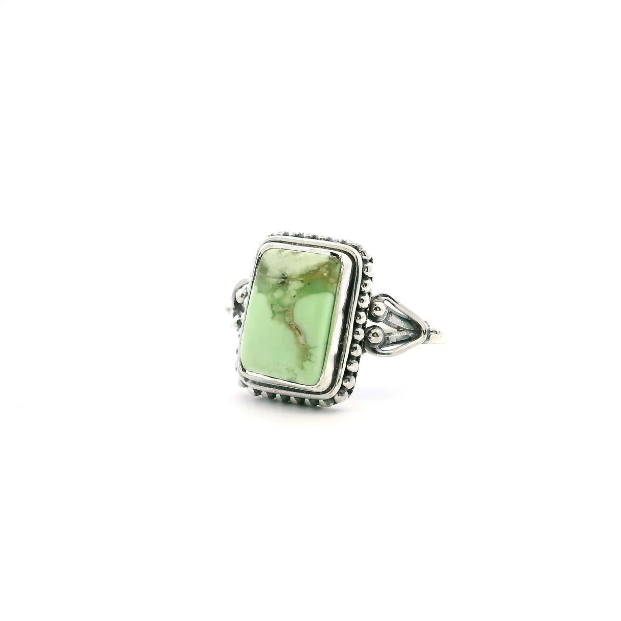 View of Lemon Chrysoprase Ring - Rectangle Cabochon with Tornado Inclusion Bezel Set with Beaded Accents in 925 Sterling Silver sz8