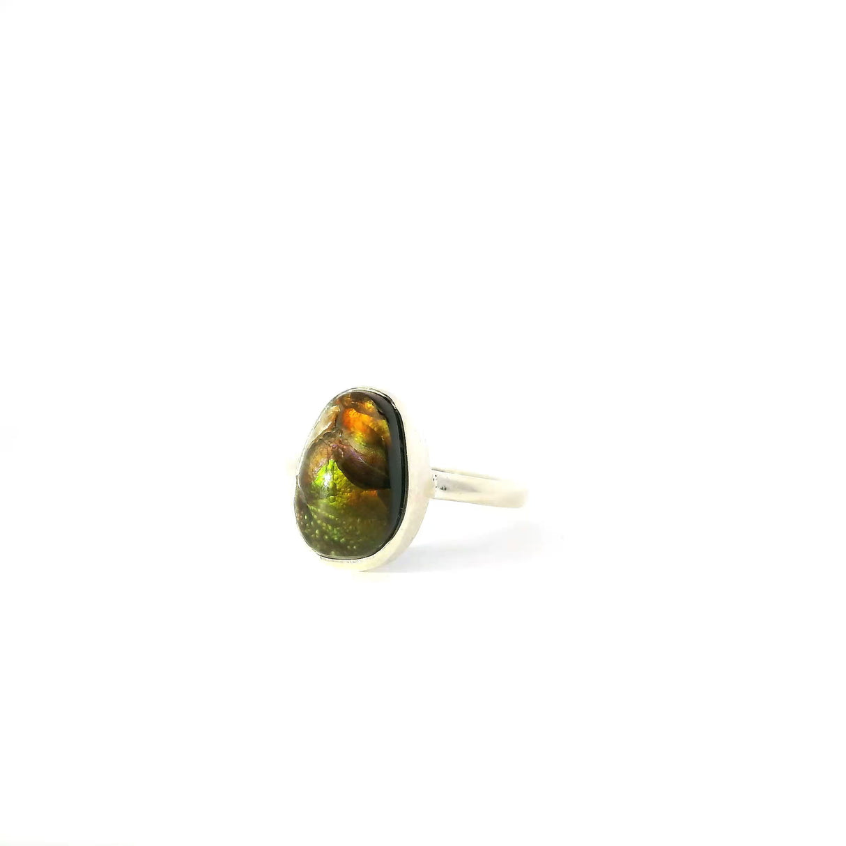 View of Mexican Fire Agate Ring - Freeform Cabochon with Green & Orange & Brown Bezel Set in Simple 925 Sterling Silver sz6