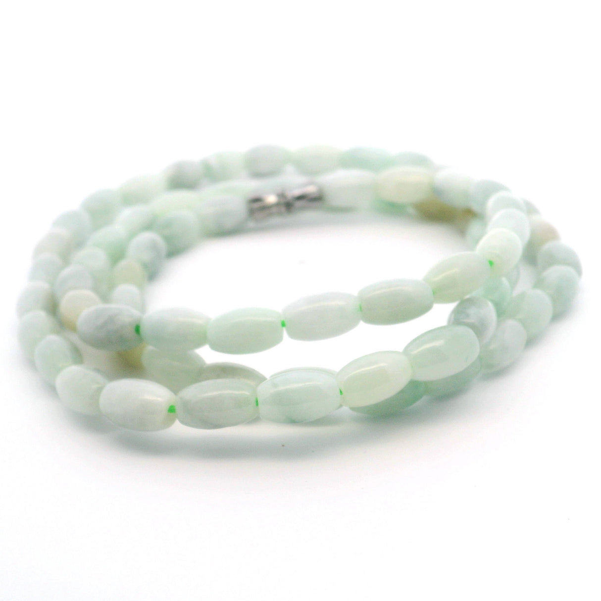 View of Nephrite Jade Beaded Necklace with Twist Closure - Barrel Beads
