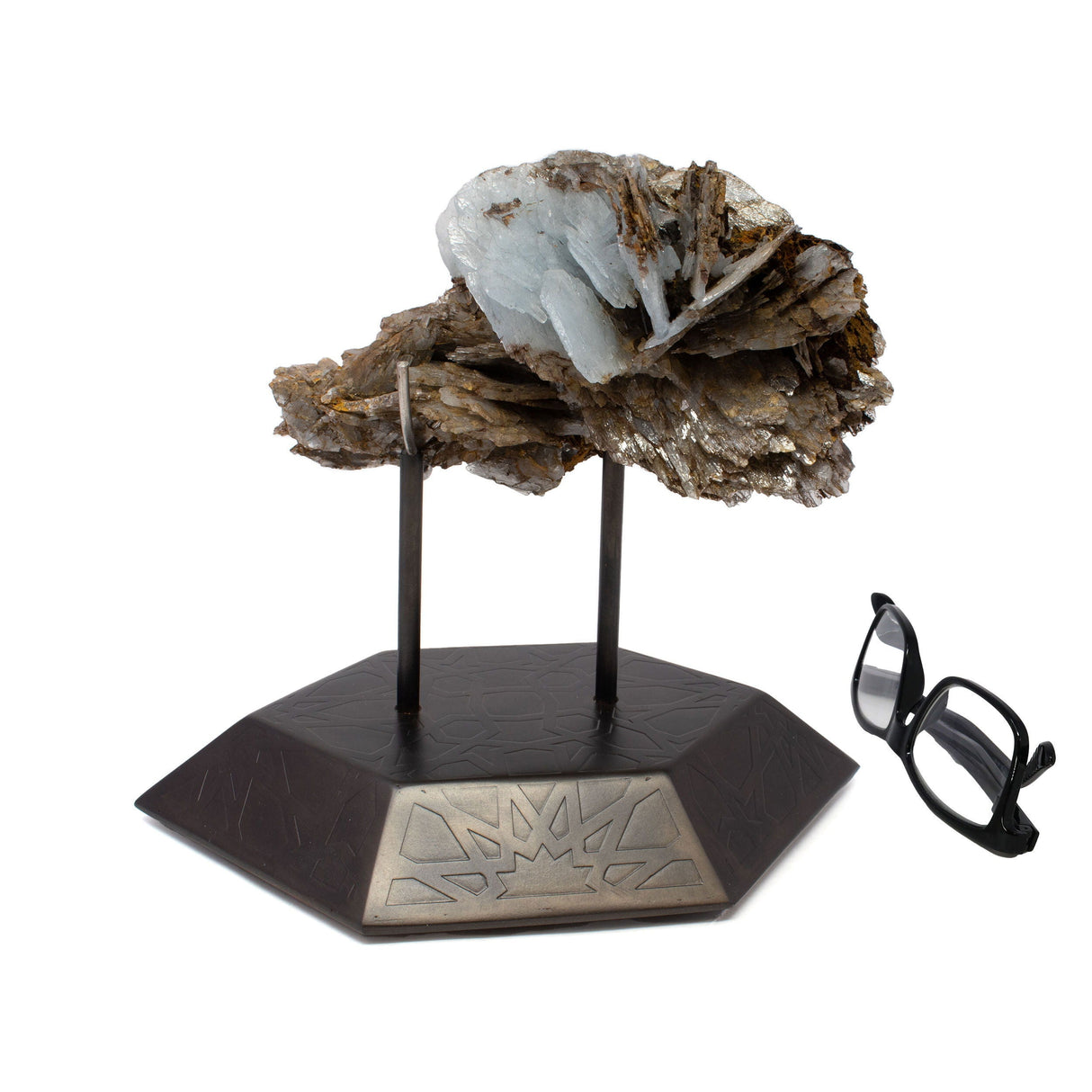 Blue Barite Crystal Specimen from Morocco on Etched Spinning Metal Stand - Hexagon