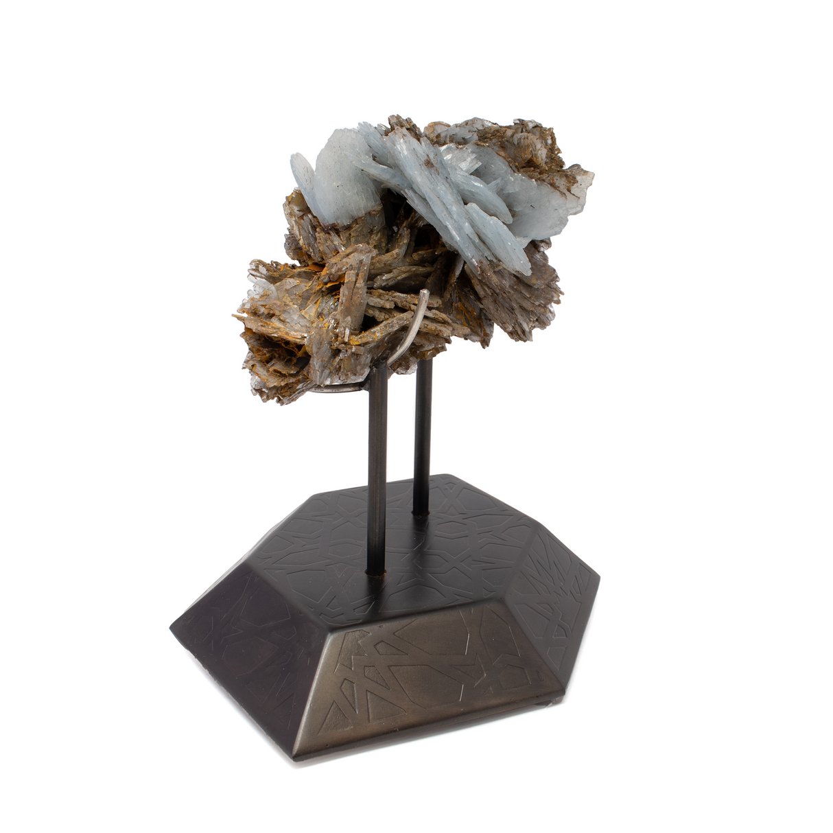 Blue Barite Crystal Specimen from Morocco on Etched Spinning Metal Stand - Hexagon