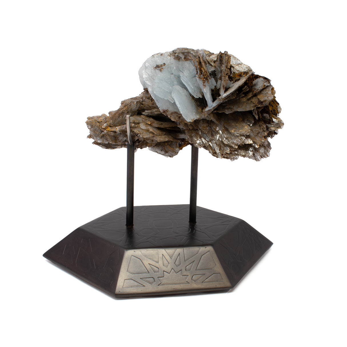 View of Blue Barite Crystal Specimen from Morocco on Etched Spinning Metal Stand - Hexagon