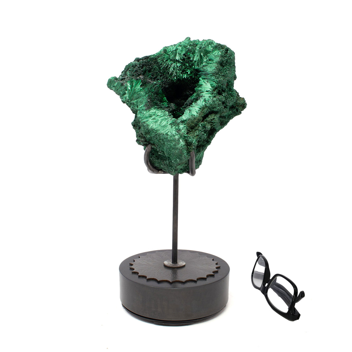 Chatoyant Malachite Specimen on Custom Etched Spinning Stand - Fiberous with Vug on Round Base